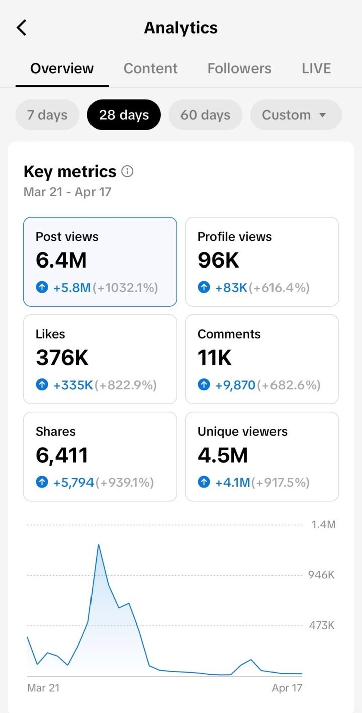 TikTok analytics, 28 days: 6.4M post views, 376K likes, 4.5M unique viewers